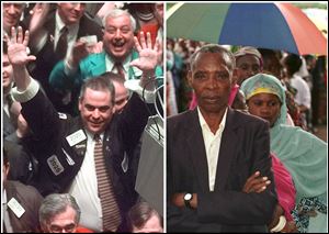 This combination of Associated Press file photos, shows, left, traders celebrating on the floor of the New York Stock Exchange after the Dow closed above 10,000 points for the first time on March 29, 1999, while right, Rwandan voters line-up behind their chosen candidate, Theoneste Ruhama, in Gisenyi, Rwanda.