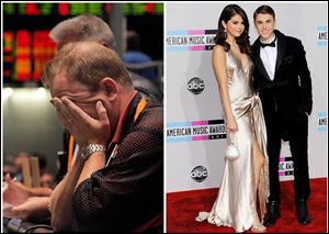 This combination of Associated Press File photos, shows, right, trader Andrew Stavros after the close of trading on Aug. 8, 2011 in Chicago, and left, Selena Gomez and Justin Bieber arriving at the 39th Annual American Music Awards on Sunday, Nov. 20, 2011 in Los Angeles. The evening before the Standard & Poor's ratings agency marked down its grade on U.S. debt causing the Dow to lose more than 5 percent,  Selena Gomez and then-boyfriend Justin Bieber toped the news at the Teen Choice Awards.