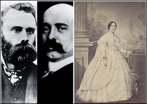 This combination of undated Associated Press file photos, shows from left, Charles Dow, Wall Street Journal editor, and Edward Jones, who co-founded the Dow Jones Company, and right, Mrs. Jefferson Davis. The Dow Jones industrial average debuted on May 26, 1896, with 12 companies, including American Tobacco, Distilling & Cattle Feeding and General Electric. On the same day, the Confederate Literary Association in Richmond, Va., had a reception with Mrs. Jefferson Davis.