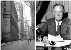 This combination of Associated Press file photos shows, left, the financial district during a two-day bank holiday on March 4, 1933, and President Franklin D. Roosevelt about to deliver a fireside chat to the American people on March 12, 1933. 