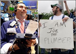 This combination of Associated Press file photos shows, Trader Joe Acquafredda working on the floor of the New York Stock Exchange, on Monday Oct. 13, 2008, and right, supporters of Republican presidential candidate Sen. John McCain, R-Ariz., dressed as Joe the Plumber, in Roanoke, Va.