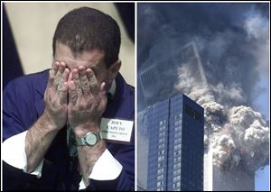 This combination of Associated Press file photos shows Trader Joey Caputo, left, wiping his face near the closing bell, Monday, Sept. 17, 2001, on the floor of the New York Stock Exchange, and right, six days earlier, the south tower of the World Trade Center collapsing after a terrorist attack in New York. The Dow fell more than 7 percent on Sept. 17, 2001, the first day of trading after the attacks.