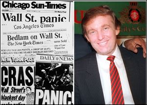 This combination of Associated Press file photos shows left, headlines from around the country on Oct. 20, 1987, and right Donald Trump in Atlantic City in December 1987. 