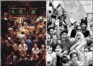 This combination of Associated Press file photos shows left, traders working on the floor of the New York Stock Exchange, on April 17, 1991 and right, Kurdish women demonstrating outside the U.S. Embassy in Kuwait City, on Wednesday, April 10, 1991. The Dow first closed above 3,000 on April 17, 1991.