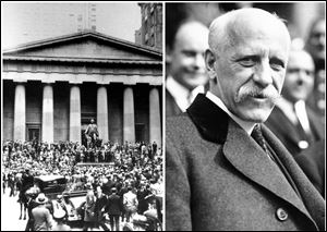 This combination of Associated Press file photos shows from left, crowds panicking in Manhattan's financial district on Oct. 24, 1929,  in New York, and right, Dr. Fridtjof Nansen on Oct. 28, 1929. On Monday, Oct. 28, 1929, the Dow lost nearly 13 percent, starting the Great Depression. On the same day, the International Society for the Exploration of the Arctic Regions by Means of Aircraft announced plans for a spring exploration to be led by Norwegian explorer Fridtjof Nansen.