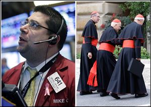 This combination of Associated Press file photos, shows, from left, stock trader Michael Capolino at the New York Stock Exchange today in New York, and cardinals Francis George, Donald Wuerl and Daniel Di Nardo arriving for a meeting today at the Vatican. Helped by stimulus money from the Federal Reserve, hope that the housing market might be turning a corner, and investors’ willingness to disregard a potential government shutdown in Washington, the dow hit its highest close ever today.
