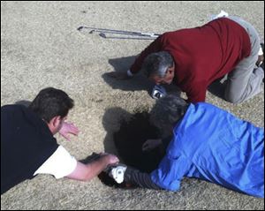 Hank Martinez, top, Ed Magaletta, right, and Russ Nobbe, look into an 18-foot-deep and 10-foot- wide sinkhole that golfer Mark Minhal fell into while playing golf at the Annbriar Golf Course in Waterloo, Ill. 