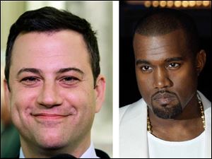TV show host Jimmy Kimmel, left, and singer Kanye West, right.