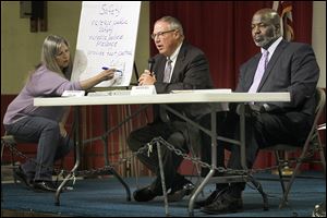 D. Michael Collins, center, and Mayor Mike Bell answer questions during ONE Village Council's mayoral candidate forum at the Chester Zablocki Senior Center.
