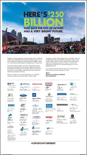A promotional handout provided by Blue Cross and Blue Shield of Michigan is shown promoting the city of Detroit. Convincing top executives that Detroit is a comeback city where they should hold company meetings and conventions could only be characterized as the most monumental of pitches or the slickest of con jobs.