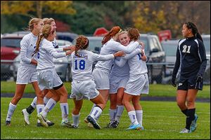 Anthony Wayne's Jesse Mattimoe, center, is congratulated by teammates after scoring the only goal of Saturday’s district title match against Perrysburg during the first half.