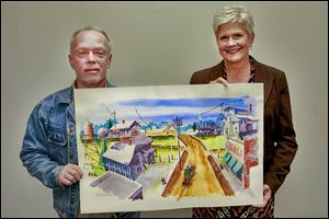 Whitehouse watercolor artist Harry Daugherty shows off his painting depicting scenes of Whitehouse in the early 1900s with the help of Barbara Knisely. Ms. Knisely is the Whitehouse community development coordinator. The community will observe its sesquicentennial in 2014.
