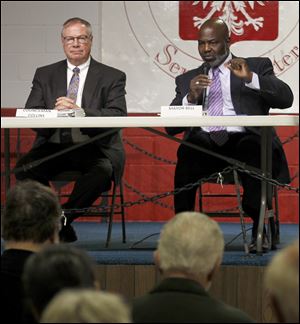 Challenger D. Michael Collins, left, and Mayor Mike Bell have debated vigorously on multiple issues at numerous candidate forums, agreeing on little. 