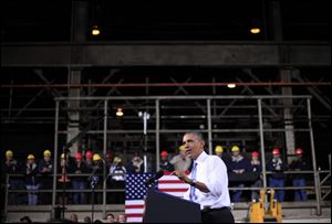 President Barack Obama speaks today at ArcelorMittal, a steel mill in Cleveland.