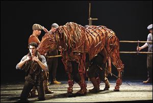 Michael Wyatt Cox as Albert, foreground, with the horse Joey, in ‘War Horse.’ Human puppeteers control the movements of Joey and the other horses in the show.