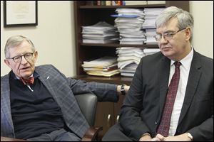Former Ohio State University president E. Gordon Gee, left, and John Carey, chancellor of the Ohio Board of Regents, speak to The Blade’s editorial board about the governor’s initiative for education.