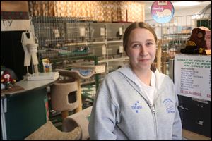 Kim Ferguson, kennel supervisor at Paws and Whiskers Cat Shelter, stands among stacks of cages of cats and kittens awaiting adoption. The shelter is full, with some 90 animals.