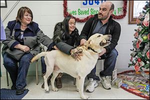 Mary Martin-Williams, left, Lily Martin-Williams, 11, center, and Curt Williams, of Grand Rapids, embrace their new adopted dog, Ben, whom they had fostered before his hip replacement.