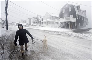 Sonja Keller braves wind-whipped snow while walking her dog along the shore in Scituate, Mass. Temperatures hovered in single digits with gusts of up to 40 mph, creating dangerous wind chills.