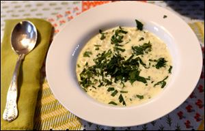 Hot Yogurt and Barley Soup with Mint recipe is from Jerusalem: A Cookbook, by Yotam Ottolenghi of Ottolenghi in London.     Pam Panchak/Post-Gazette Hot Yogurt and Barley Soup with Mint. 