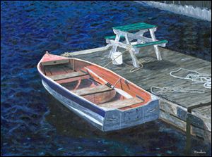‘Rowboat,’ an acrylic painting by Timothy Hacker, is part of a show of his paintings and photographs on display at the Way Library, 101 E. Indiana Ave. in Perrysburg, through March 4. The show is coordinated by Prizm Creative Community.