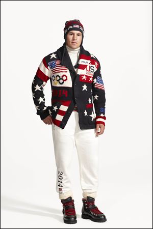 American hockey player Zach Parise wears the official uniform for Team USA to be worn at the opening ceremony for the 2014 Winter Olympic games in Sochi, Russia. Every article of clothing made by Ralph Lauren for the U.S. Winter Olympic athletes in Sochi, including their opening and closing ceremony uniforms and their Olympic Village gear, has been made by domestic craftsman and manufacturers.