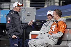 Denver Broncos head coach John Fox, left, talks with quarterback Peyton Manning (18) on Saturday in MetLife Stadium in East Rutherford, N.J.
