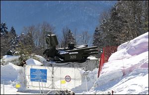 An anti-aircraft missile base sits outside the cross-country skiing venue prior to the 2014 Winter Olympics today in Krasnaya Polyana, Russia.