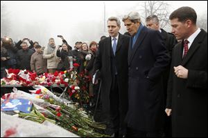 Secretary of State John Kerry visits the Shrine of the Fallen in Kiev, Ukraine, today. The Shrine of the Fallen, located on Institutska Street, honors the fallen Heroes of the 