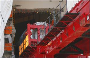 A steam generator, which  creates steam from heat generated by the nuclear reactor,  is ready for installation in the shield building at Davis-Besse.