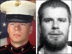 Jeffrey Belew in his U.S. Marine Corps uniform, left, and after his arrest in April, 2011, right.