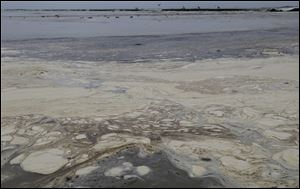 Oil sludge floats on the surface of the water on East Beach in Galveston, Texas, Monday.