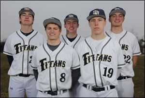 St. John’s Jesuit will be led by returning senior starters, from left, Pete Burkett, Alex Gum, Jacek Czerwinski, Collin Korte, and Nolan Silberhorn. The Titans are favored to win the Three Rivers Athletic Conference this season.