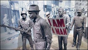An exhibit on the 1968 protest march of Memphis sanitation workers at the re-imagined National Civil Rights Museum in Memphis. The museum, which opened in 1991 as one of the nation’s first civil rights museums, reopens today after a $28 million reconstruction.
