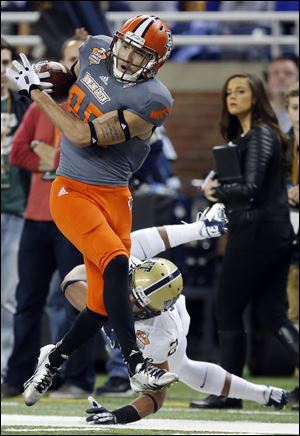 Bowling Green State University receiver Heath Jackson concludes his final spring football practice season during the spring game today at noon.