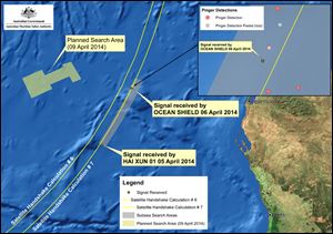 This image provided by the Joint Agency Coordination Centre on Wednesday shows a map indicating the locations of signals detected by vessels looking for signs of the missing Malaysia Airlines Flight 370 in the southern Indian Ocean. 