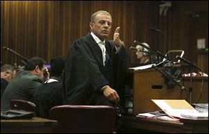 State prosecutor Gerrie Nel, questions Oscar Pistorius in court today in Pretoria, South Africa.