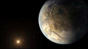 This artist’s rendering  shows an Earth-sized planet dubbed Kepler 186f orbiting a star 500 light-years from Earth.