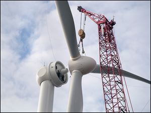 A rotor is installed on a wind turbine in Van Wert County, a site with large wind-energy farms in northwest Ohio.