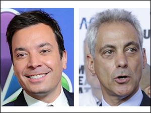 Mayor Rahm Emanuel, right, is to appear on “The Tonight Show” with Jimmy Fallon, left, making good on his promise after the host came to Chicago in March and jumped into icy Lake Michigan.