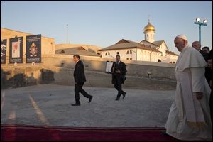 Pope Francis arrives to lead a prayer service during his visit to Bethany beyond the Jordan river, the site of Christ's baptism, today west of Amman, Jordan.