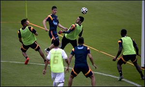 Colombia's national soccer team players train during a practice session in Cotia, Brazil, Monday. Colombia plays in group C of the 2014 soccer World Cup.