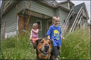 Neighbors Amelia Wetzel, 8, and Nick Wood, 7, take Nick’s 13-year-old mix Gotti for a walk through the weeds at an abandoned house in the 300 block of East Broadway Street in East Toledo.