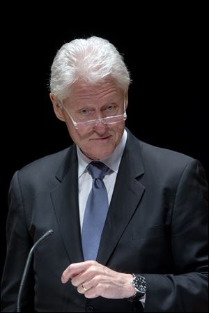FILE - Former President Bill Clinton speaks during a public memorial service for Philadelphia Inquirer co-owner Lewis Katz Clinton is scheduled to speak Friday night at the Ohio Democratic Party's annual state dinner in Columbus. 