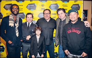 Chef Roy Choi, right, with the cast of ‘Chef’ — from left, Gary  Clark, Jr., John Leguizamo, Emjay Anthony, Jon Favreau, and Oliver Platt — at the premiere of the movie, directed by Favreau.