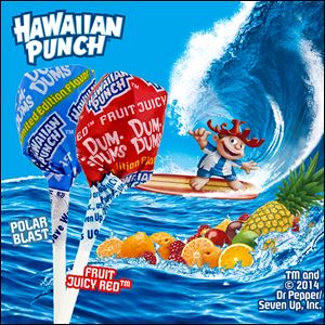 A recent ad displays the two new limited edition flavors of Dum Dums Hawaiian Punch lollipops. The Hawaiian Punch flavors are Fruit Juicy Red and Polar Blast.