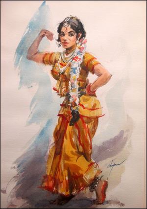 ‘‍Indian Dancer,’ watercolor by Walter Chapman, is one of the pieces in a show of his work opening Tuesday at the Perrysburg Municipal Building.