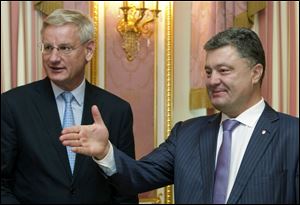Ukrainian President Petro Poroshenko, right, greets Swedish Foreign Minister Carl Bildt during their meeting in Kiev, Ukraine, Tuesday.