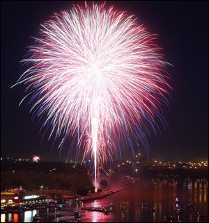 Fireworks over the Maumee River during the Red, White, Kaboom on Friday night in downtown Toledo.