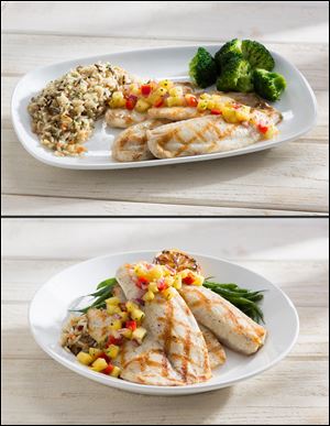 Red Lobster shows its Wood Grilled Tilapia, on rectangular plates, with the fish, rice and vegetables spread out separately, top; and the same dish on a circular plate on which slabs of fish are piled over the rice, an architectural presentation that is common at higher-end restaurants. 